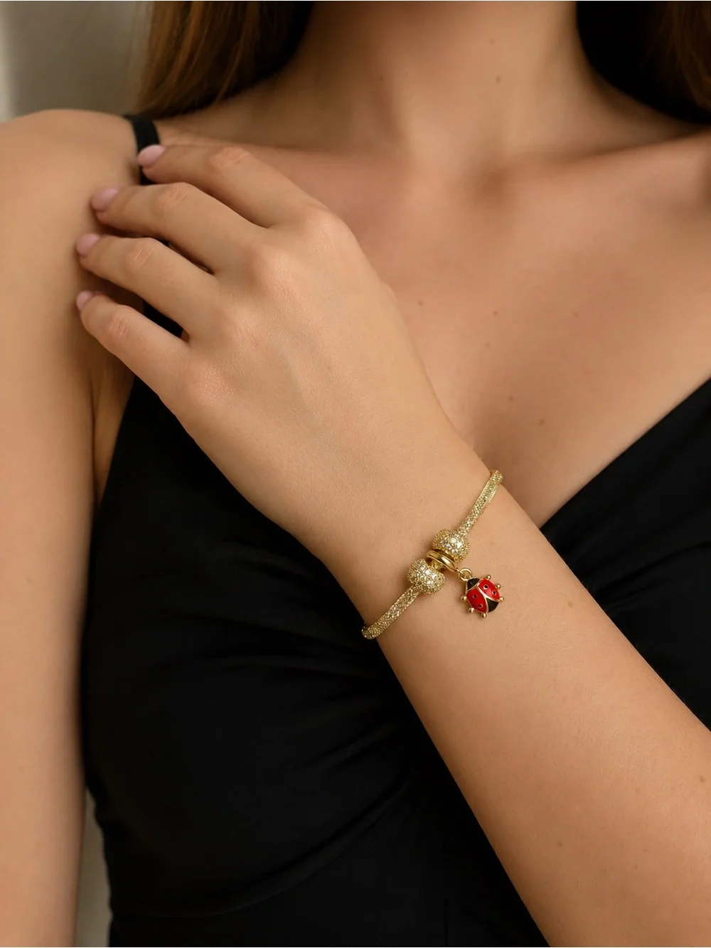 Ladybug Charm Mesh Bracelet Sparkling Beaded Adjustable